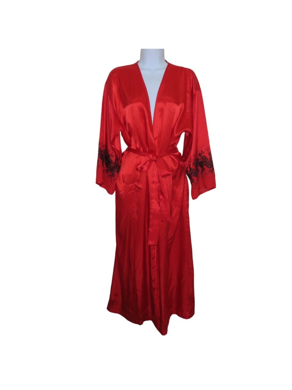 Vintage Cinema Etoile Red Satin Robe M Black Floral Embroidery Belted Pocket